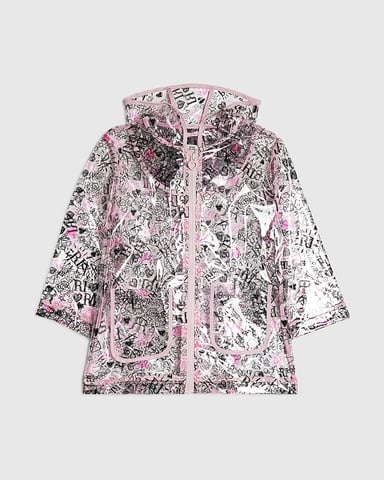River Island Chubasquero mini para niña negro con estampado de grafiti, capucha y cremallera