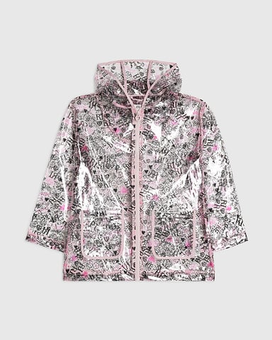 River Island chubasquero para niña negro con estampado de grafiti, capucha y cremallera