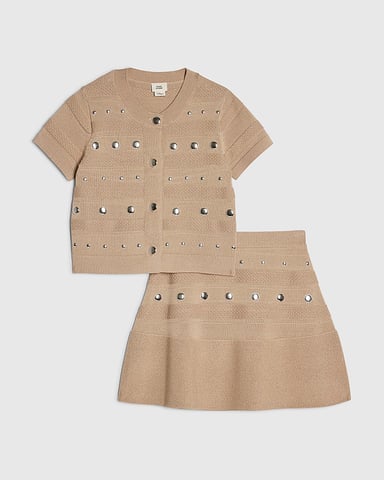 River Island Conjunto de top y falda para niña Beige de punto con tachuelas 2 piezas