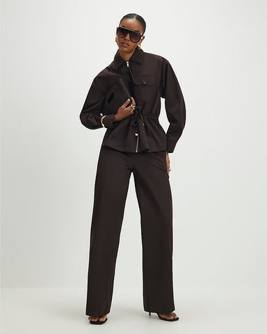 River Island Pantalón de mujer Marrón Cintura con cordón Cremallera Gancho