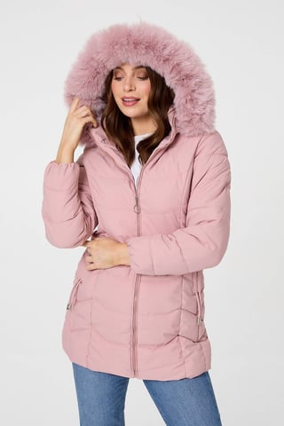 Chaqueta acolchada rosa con capucha, ribete de pelo sintético y cremallera