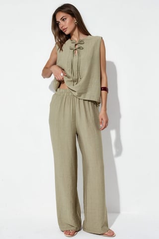 Conjunto de blusa de mezcla de viscosa con detalle de lazada y pantalón con cintura elástica