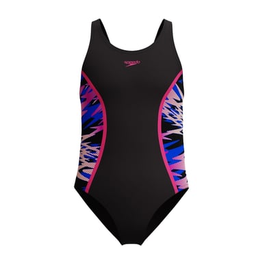 Speedo Bañador de una pieza Muscleback Hyperboom Splice Abstract para niña (Negro/Rosa)