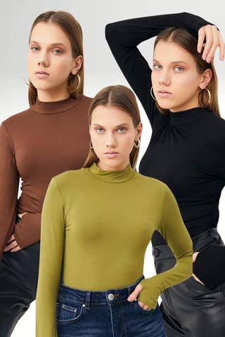 Bipantolon Pack de 3 bodis de mujer de corte slim con medio cuello vuelto