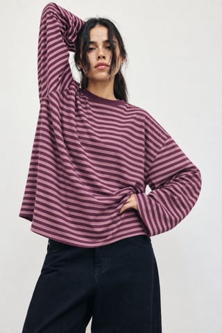 Bipantolon Sudadera oversize de mujer a rayas con cuello redondo