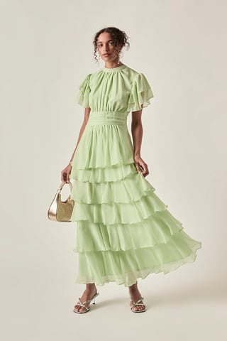 Vestido largo escalonado con volantes – Verde salvia