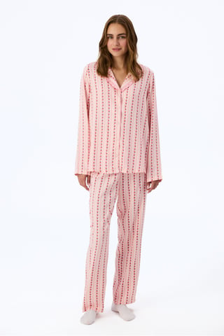 Conjunto de pijama ligero con estampado floral, volantes, camisa de manga larga y pantalón