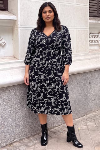 Roman Curve Floral Vestido elástico con escote de pico