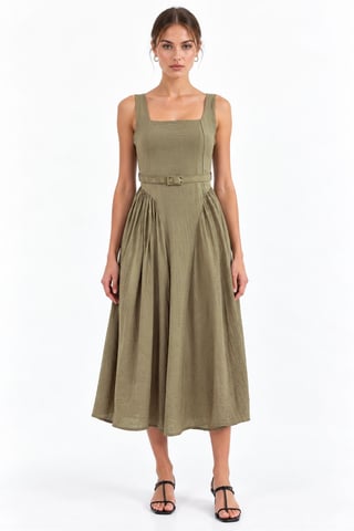 Vestido midi con escote cuadrado y cinturón