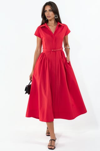 Vestido midi con cinturón y cuello de camisa