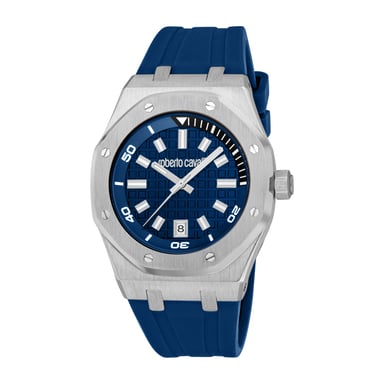 ROBERTO CAVALLI Reloj de hombre, caja plateada, esfera azul oscuro, correa de silicona azul oscuro, 3 agujas, fecha, 3 ATM