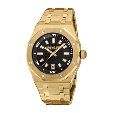 ROBERTO CAVALLI Reloj de hombre, caja de color dorado, esfera negra, brazalete metálico de color dorado, 3 agujas, fecha, 3 ATM