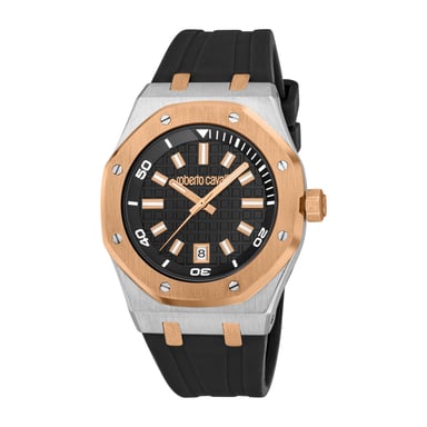 ROBERTO CAVALLI Reloj para hombre, caja bicolor en color plateado y oro rosa, esfera negra, correa de silicona negra, 3 agujas, fecha, 3 ATM