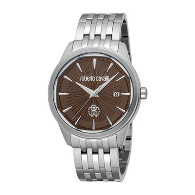 ROBERTO CAVALLI Reloj de hombre, caja de color plateado, esfera color arena, brazalete metálico de color plateado, 3 agujas, fecha, 5 ATM