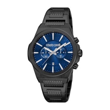 ROBERTO CAVALLI Reloj de hombre, caja de color negro, esfera azul oscuro, brazalete metálico de color negro, cronógrafo, 10 ATM