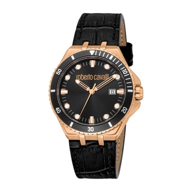 ROBERTO CAVALLI Reloj de hombre, caja de color oro rosa, esfera negra, correa de piel negra, 3 agujas, fecha, 10 ATM
