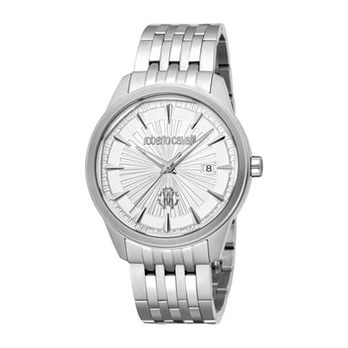 ROBERTO CAVALLI Reloj de hombre, caja plateada, esfera plateada, brazalete de acero inoxidable, 3 agujas, fecha, 5 ATM