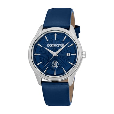 ROBERTO CAVALLI Reloj de hombre, caja de color plateado, esfera azul oscuro, correa de cuero azul oscuro, 3 agujas, fecha, 5 ATM