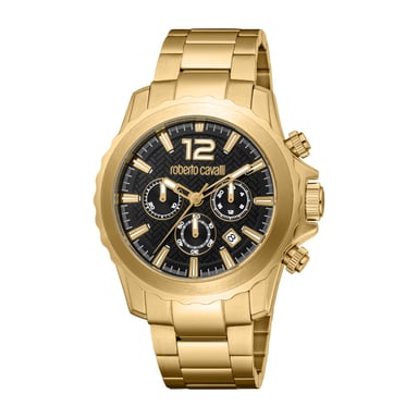 ROBERTO CAVALLI Reloj de hombre, caja de color dorado, esfera negra, brazalete metálico de color dorado, cronógrafo, 10 ATM