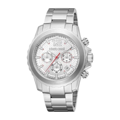 ROBERTO CAVALLI Reloj para hombre, caja de color plateado, esfera plateada, brazalete metálico de acero inoxidable, cronógrafo, 10 ATM