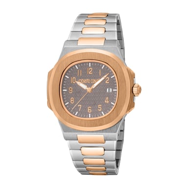 ROBERTO CAVALLI Reloj de hombre, caja bicolor en color plata y oro rosa, esfera gris oscuro, brazalete metálico bicolor en color plata y oro rosa, 3 agujas, fecha, 3 ATM