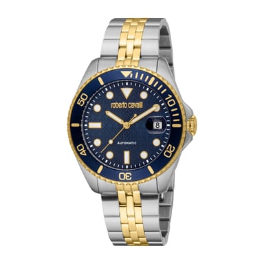 ROBERTO CAVALLI Reloj de hombre, caja en color plateado y dorado, esfera azul oscuro, brazalete metálico en color plateado y dorado, automático, 10 ATM