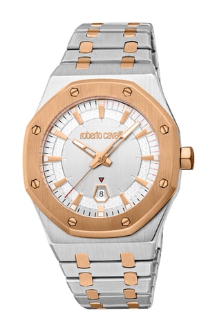ROBERTO CAVALLI Reloj de hombre, caja bicolor en tonos plateado y oro rosa, esfera plateada, brazalete metálico bicolor en tonos plateado y oro rosa, 3 agujas, fecha, 3 ATM