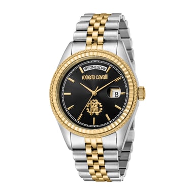 ROBERTO CAVALLI Reloj de hombre, caja bicolor en color plateado y dorado, esfera negra, brazalete metálico bicolor en color plateado y dorado, 3 agujas, día y fecha, 5 ATM