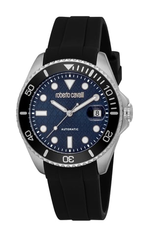 ROBERTO CAVALLI Reloj de hombre, caja de color plateado, esfera azul oscuro, correa de silicona negra, automático, 10 ATM