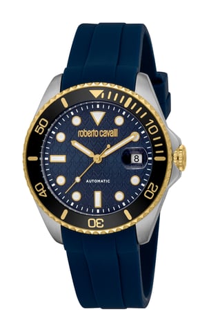 ROBERTO CAVALLI Reloj de hombre, caja bicolor en color plateado y dorado, esfera azul oscuro, correa de silicona azul oscuro, automático, 10 ATM