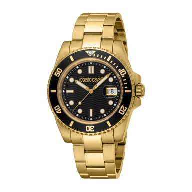 ROBERTO CAVALLI Reloj para hombre, caja de color dorado, esfera negra, brazalete metálico de color dorado, 3 agujas, fecha, 5 ATM