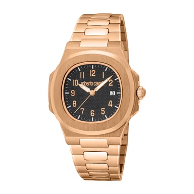 ROBERTO CAVALLI Reloj para hombre, caja de color oro rosa, esfera negra, brazalete metálico de color oro rosa, 3 agujas, fecha, 3 ATM