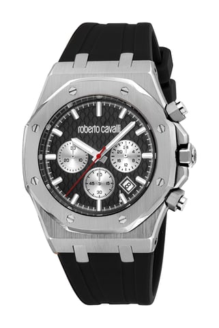 ROBERTO CAVALLI Reloj de hombre, caja de color plateado, esfera negra, correa de silicona negra, cronógrafo, 3 ATM
