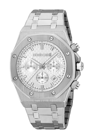 ROBERTO CAVALLI Reloj de hombre, caja de color plateado, esfera plateada, brazalete de acero inoxidable, cronógrafo, 3 ATM