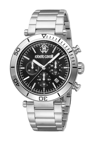 ROBERTO CAVALLI Reloj para hombre, caja de color plateado, esfera negra, brazalete metálico de acero inoxidable, cronógrafo, 10 ATM