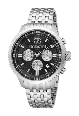 ROBERTO CAVALLI Reloj para hombre, caja de color plateado, esfera negra, brazalete de metal de acero inoxidable, cronógrafo, 10 ATM