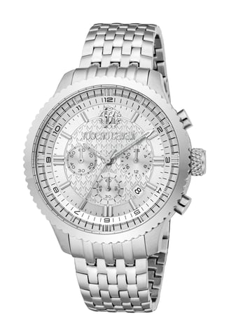 ROBERTO CAVALLI Reloj de hombre, caja de color plateado, esfera plateada, brazalete metálico de acero inoxidable, cronógrafo, 10 ATM