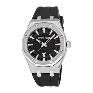 ROBERTO CAVALLI Reloj de hombre, caja de color plateado, esfera negra, correa de silicona negra, 3 agujas, fecha, 3 ATM