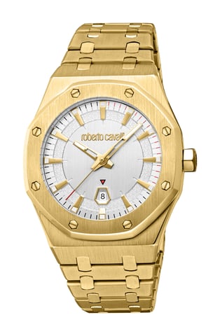 ROBERTO CAVALLI Reloj de hombre, caja dorada, esfera plateada, brazalete de metal dorado, 3 agujas, fecha, 3 ATM