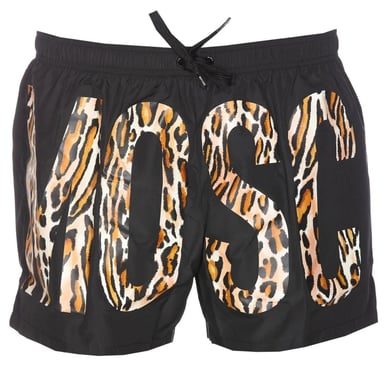 Moschino shorts de baño cortos negros con logo y estampado de leopardo