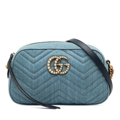 Cruzada Perla Denim Matelassé Gg Marmont Pequeña de Segunda Mano