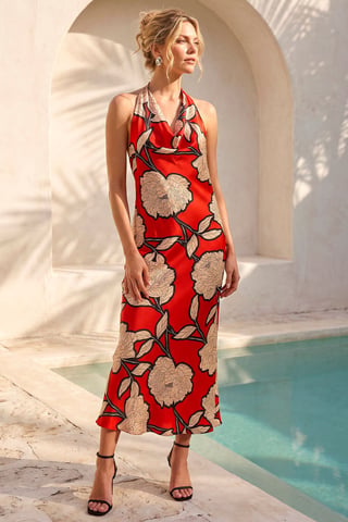 Floral Print Satin Bias Cut Bodycon Dress