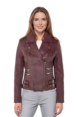 Chaqueta motera Brando de cuero burdeos para mujer - Constantia