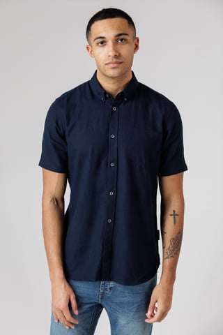 Navy Linen Blend Short Sleeve Chest Pocket Shirt