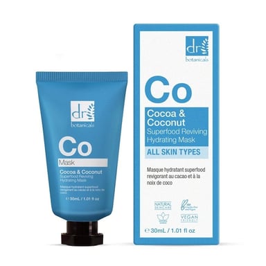 Dr. Botanicals Mascarilla hidratante revitalizante antiedad de cacao y coco con superalimentos, 30 ml.