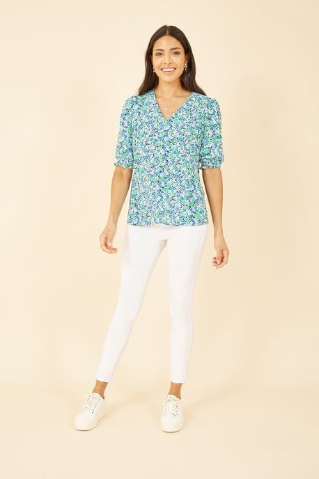 Green Ditsy Print Puff Sleeve Top