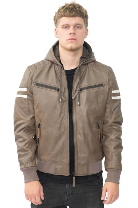 Chaqueta bomber retro con capucha de cuero para hombre - Skopje - Image 1