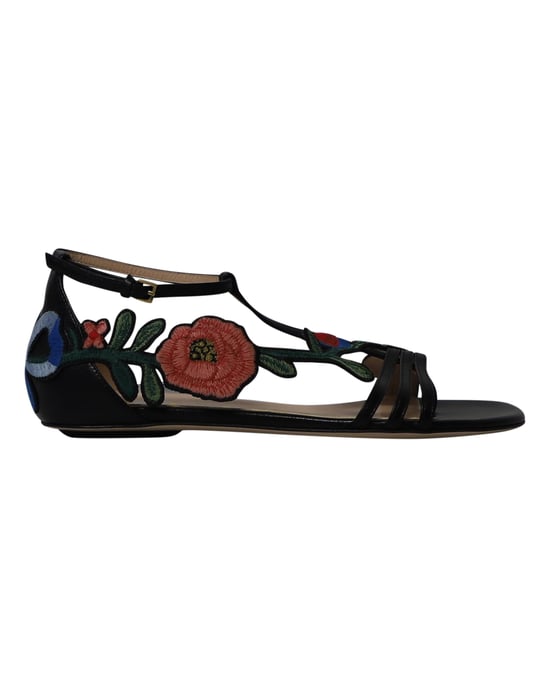 Gucci Ophelia Floral-Embroidered Flat Sandals in Black Leather - Image 1