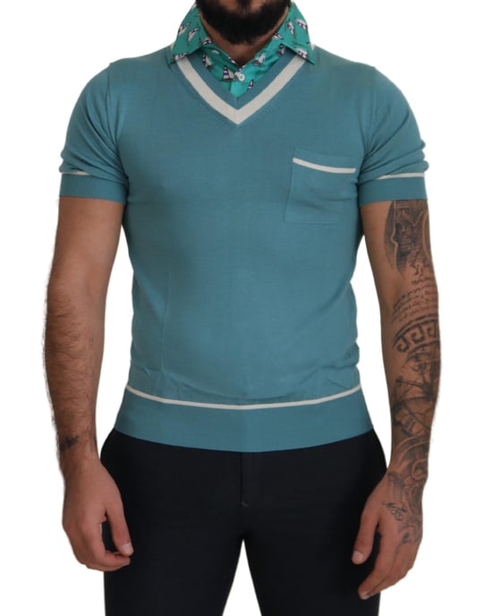 Polo de seda azul Dolce & Gabbana para hombre, cuello en V, camiseta de hombre - Image 1