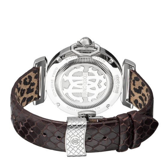 Roberto Cavalli:Reloj de cuero marrón con esfera plateada para mujer - Image 2